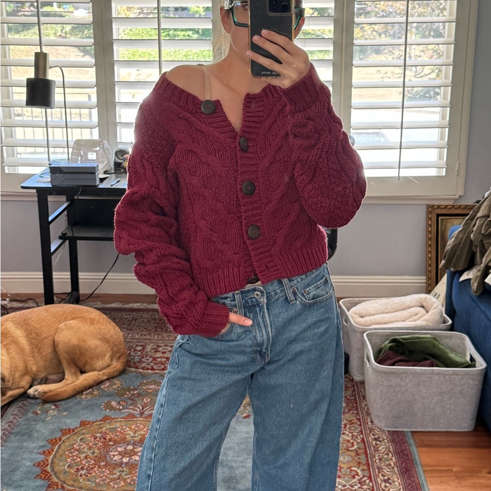 Maroon Cable Knit Cardigan -Free People